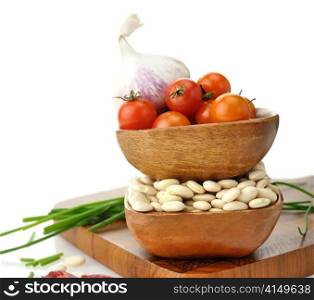 Baby Lima Beans , Tomatoes And Spices In Wooden Bowls