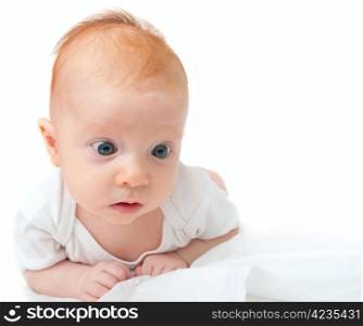 Baby Lying on Front on White Background
