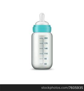 Baby milk bottle isolated. Vector glass or plastic bottle with silicone rubber pacifier. Milk bottles with pacifiers mockups isolated icons