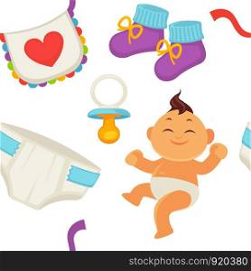 Baby newborn kid and pram perambulator seamless pattern vector. Kid wearing diaper, toys and comforter with warm shoes. Bottle for milk and liquids, heart on clothes for children. Infant and bear. Baby newborn kid and pram perambulator seamless pattern vector.