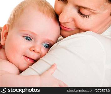 baby on a shoulder at mum on a white background