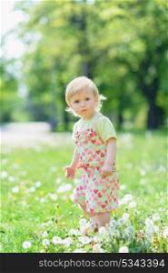 Baby on dandelions field
