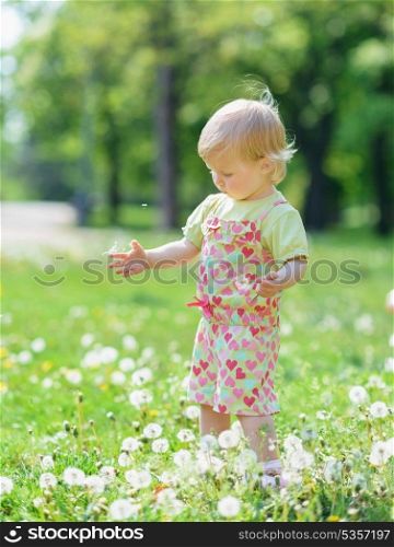 Baby playing with dandelions in park