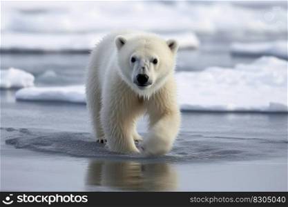 Baby polar bear on melting ice created with generative AI technology