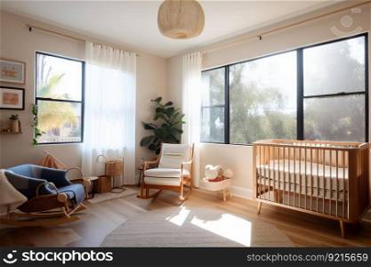 baby room filled with warm, natural light, and view of the outdoors, created with generative ai. baby room filled with warm, natural light, and view of the outdoors
