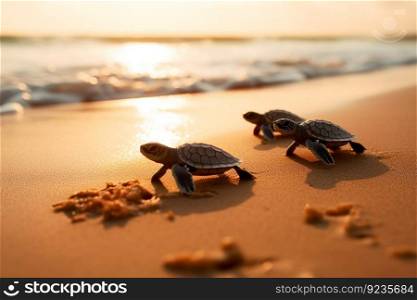 baby sea turtles rush to the ocean, AI Generative