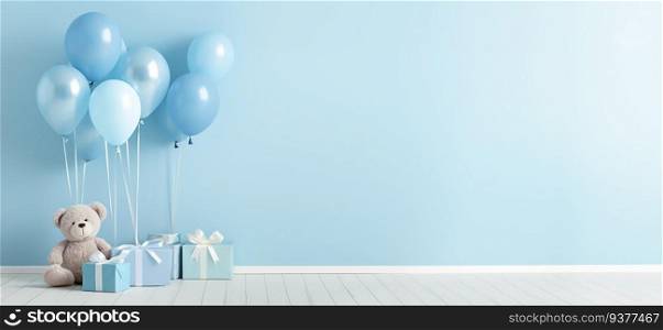 Baby shower party for boy. Room decorated with balloons and gifts. Copy space for text. Generative AI