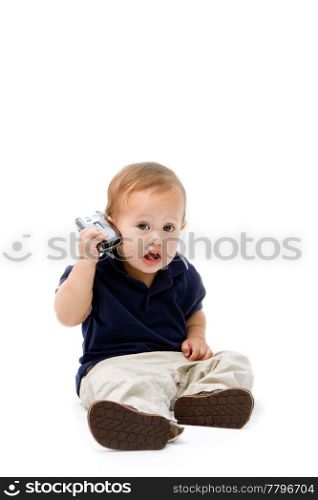 Baby sitting with phone in hand calling, isolated