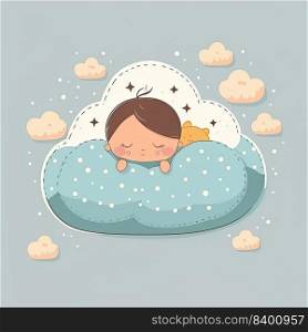 Baby sleeping on fluffy cloud on blue background. Color illustration. Generative AI