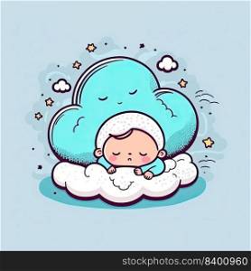 Baby sleeping on fluffy cloud on blue background. Color illustration. Generative AI