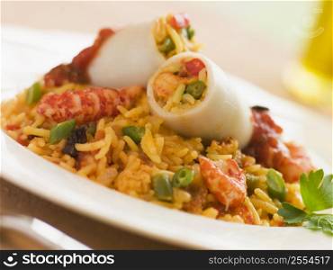 Baby Squid Stuffed with Saffron and Seafood Rice