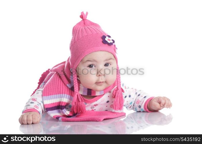 Baby weared in fashion hat with pigtails and scarf isolated on white