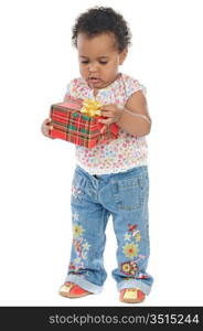Baby with a gift box a ver white background