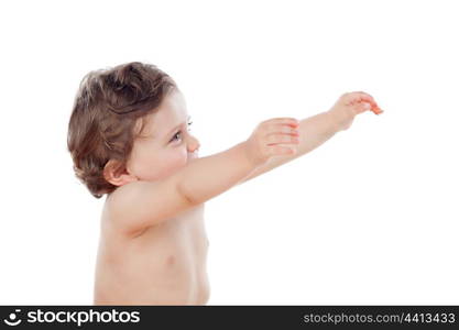 Baby with one years old doing funny gestures isolated on white background