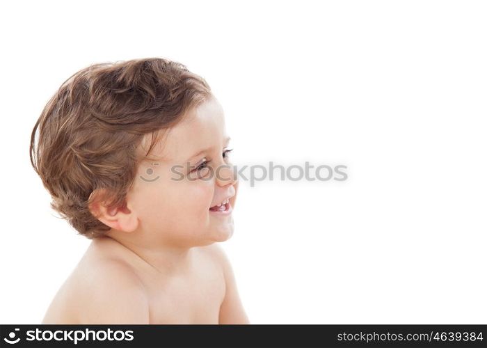 Baby with one years old doing funny gestures isolated on white background
