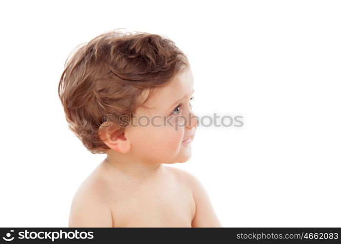 Baby with one years old doing funny gestures isolated on white background