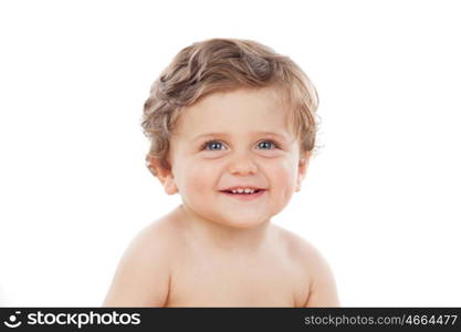 Baby with one years old doing funny gestures isolated on white background