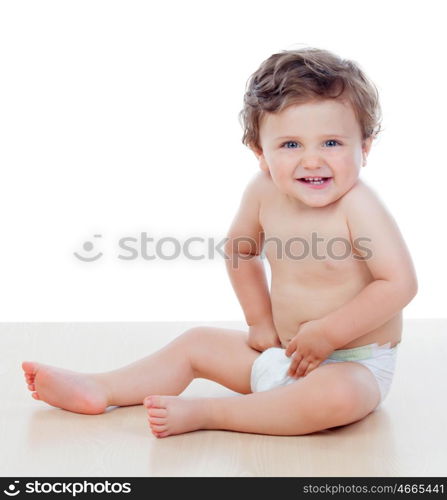 Baby with one years old doing funny gestures isolated on white background