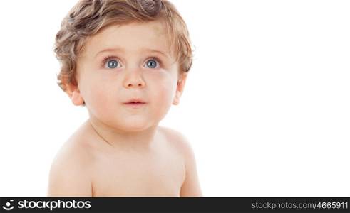 Baby with one years old doing funny gestures isolated on white background