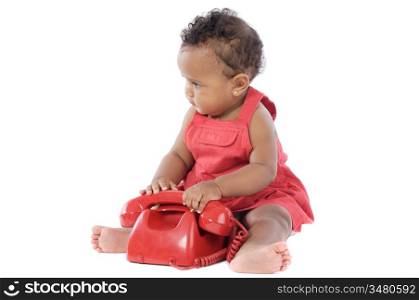 Baby with red phone a over white background
