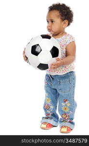 Baby with soccer ball a over white background