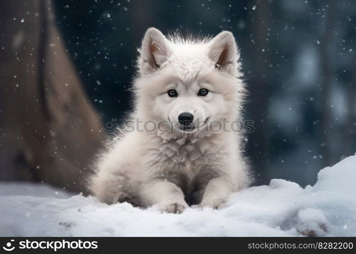 Baby wolf at snow tree. Nature mammal. Generate Ai. Baby wolf at snow tree. Generate Ai