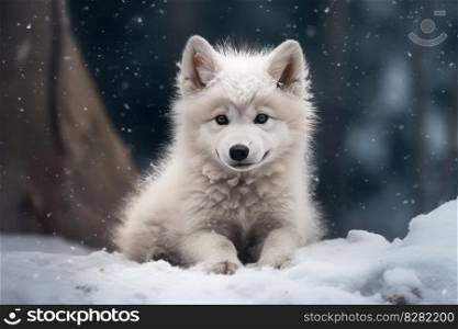 Baby wolf at snow tree. Nature mammal. Generate Ai. Baby wolf at snow tree. Generate Ai