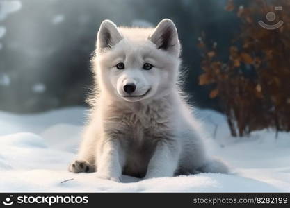 Baby wolf in snow nature. Natural wild puppy. Generate Ai. Baby wolf in snow nature. Generate Ai