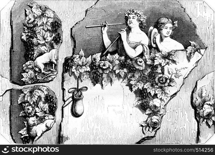 Bacchant and Bacchante, Fragment of an ancient painting, vintage engraved illustration. Magasin Pittoresque 1844.