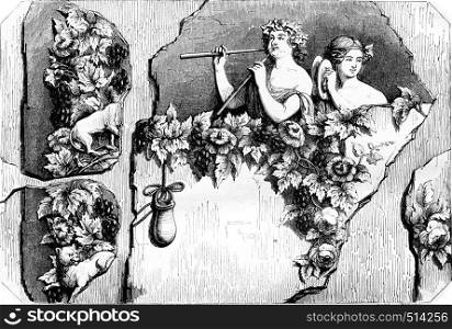 Bacchant and Bacchante, Fragment of an ancient painting, vintage engraved illustration. Magasin Pittoresque 1844.