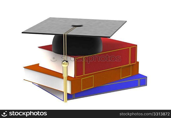 Bachelor cap and books for the student isolated on white