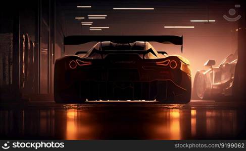 Back car silhouette with rear red lights on dark black background, wallpaper, banner template. Generative ai illustration. . Back car silhouette with rear red lights on dark black background, wallpaper, banner template. Generative ai. 