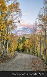 back country road in Colorado with aspen trees in fall colors - Frying Pan Road near Basalt