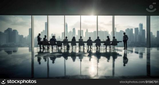 Back lit photo of business people in conference room standing sitting window city. Generative AI AIG19.. Back lit photo of business people in conference room standing sitting window city