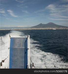 Back of a boat showing the wake in Gulf of Naples, Naples, Campania, Italy