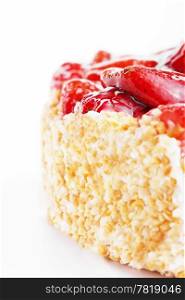 back of a strawberry cake. closeup from the back of a strawberry cake on white background