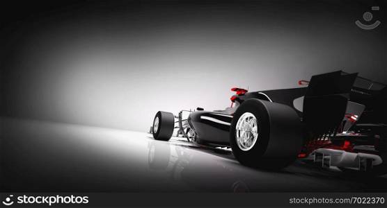 Back of F1 car on light background. Speed, extreme sports, modern vehicle. 3D illustration.. Back of F1 car on light background.