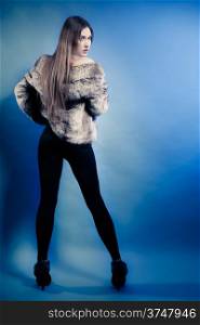 Back of fashionable girl with long hair. Full length of young woman in fur coat on blue. Studio shot. Winter fashion.