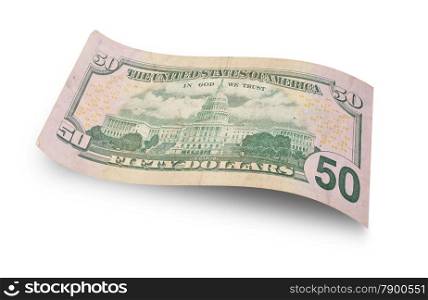 Back of fifty dollar banknote isolated on white background