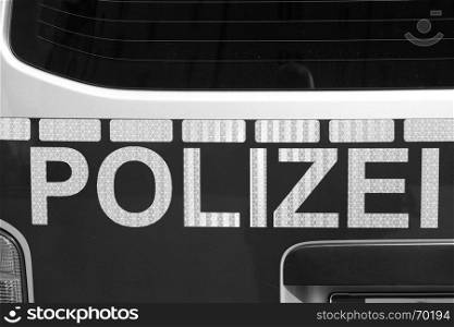 Back of german police car. Black and white image