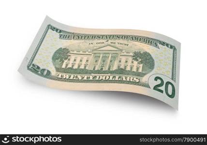 Back of twenty dollar banknote isolated on white background