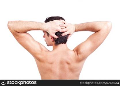 Back of young naked man with beautiful body isolated on white background