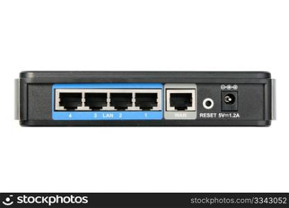 Back panel of network router. Close-up. Isolated on white background.