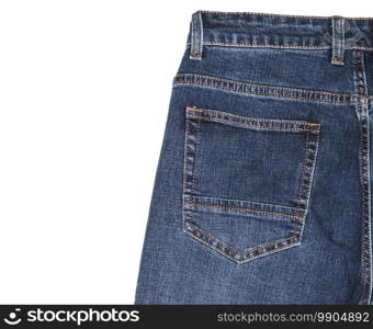 Back pocket and waist area of dark blue jeans isolated on white background. Close up shot. Copy space. Clothing concept.. Back pocket and waist area of dark blue jeans isolated on white background. Close up shot. Copy space. Clothing concept