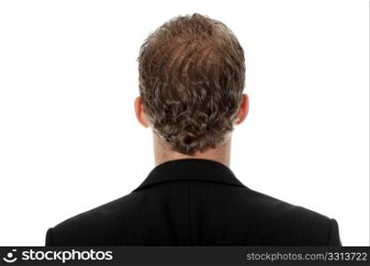 Back portrait of young businessman, isolated on white