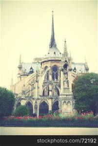 Back side of Notre Dame de Paris, France. Retro style toned image
