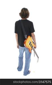 Back Side Of Teen Boy With Electric Guitar Over White.