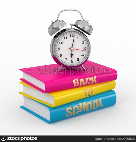 Back to school. Alarm clock on books. 3d