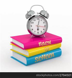 Back to school. Alarm clock on books. 3d