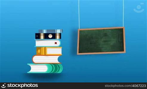 Back to school animation with books and green chalkboard falling on blue background. Education, schooling and learning concept. Seamless looping